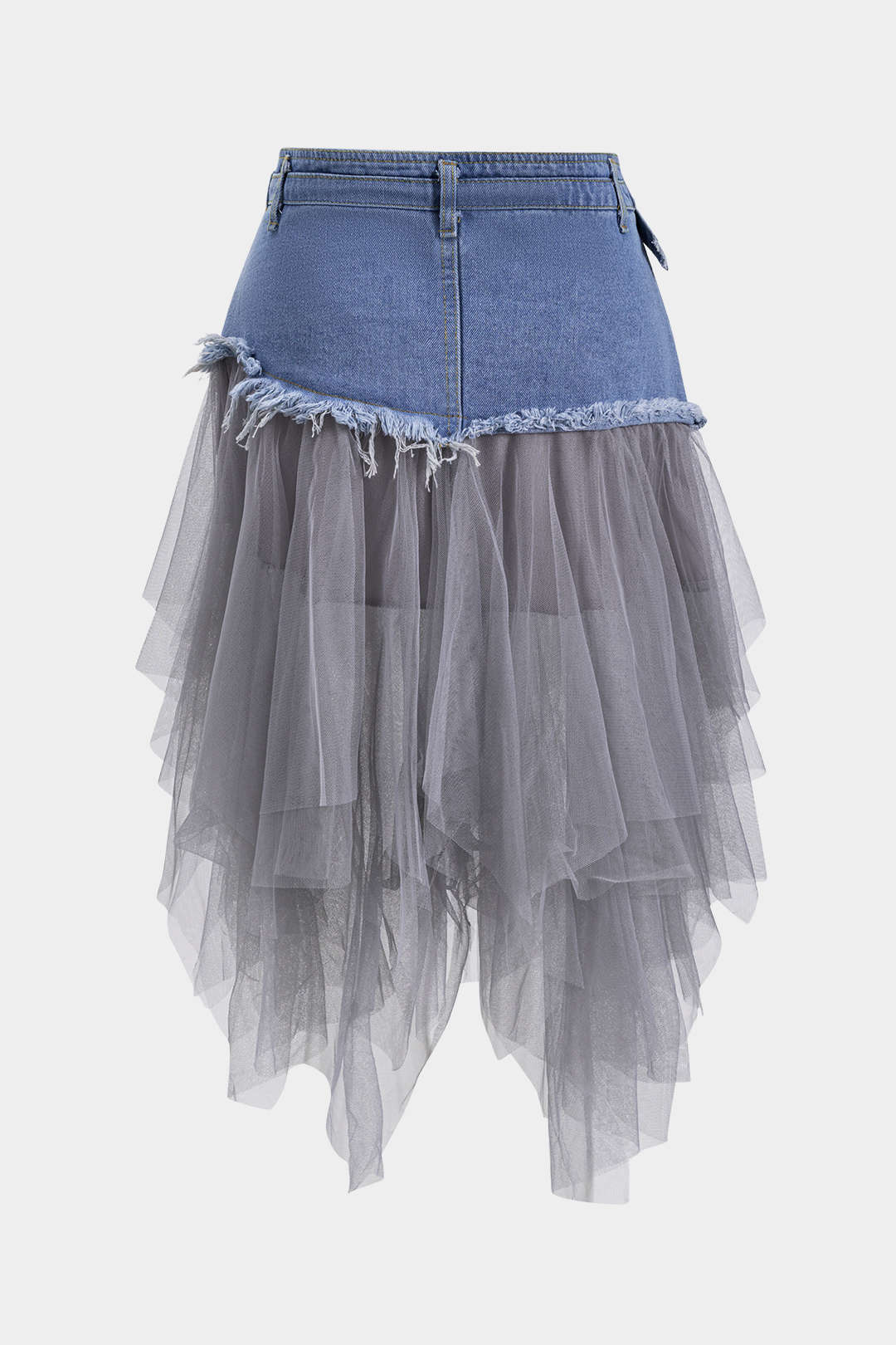"Denim Mesh Patchwork Belted Button Pocket Skirt"
