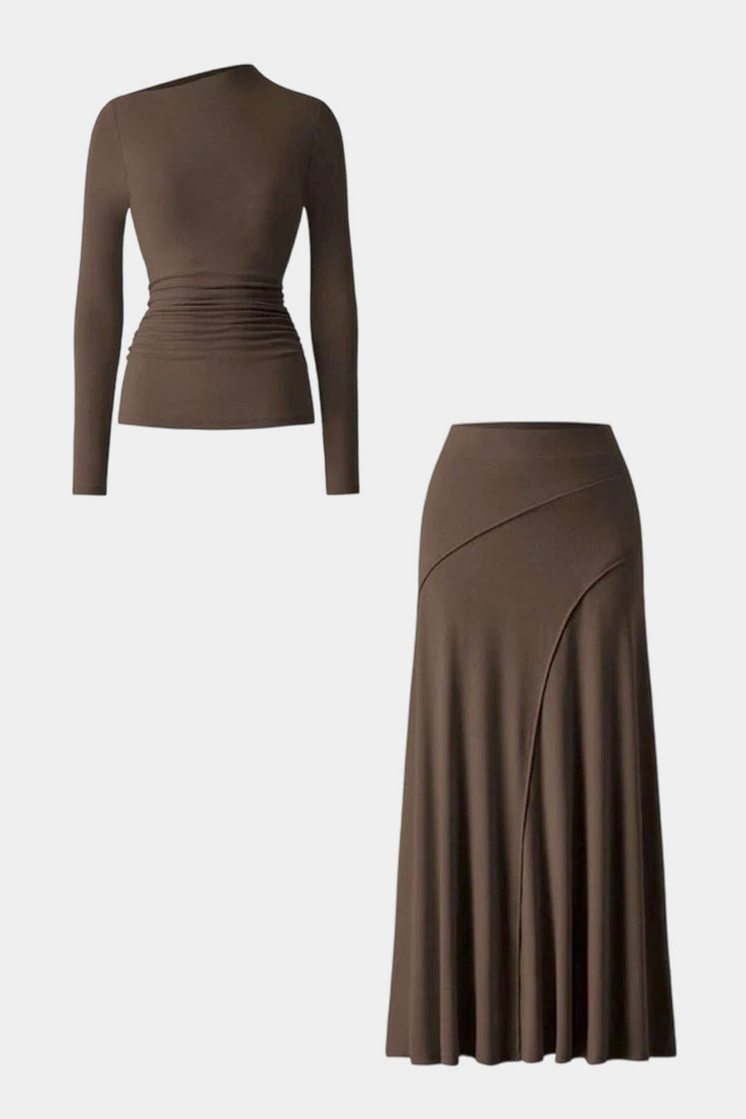 "Asymmetrical Neck Long-Sleeve Top And Stitching Detail Skirt Set"