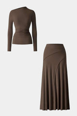 "Asymmetrical Neck Long-Sleeve Top And Stitching Detail Skirt Set"
