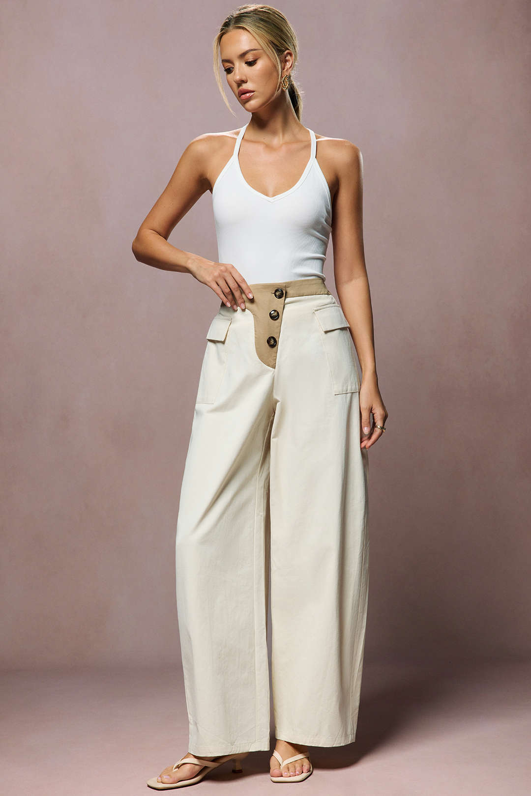 "Asymmetrical Button Wide Leg Trousers"