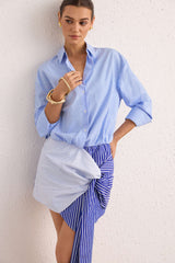 "Contrast Stripes Print Long Sleeve Asymmetrical Tie-Up Midi Dress"