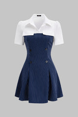 "Contrast Stripes Print Button Lapel Patchwork Short Sleeve Mini Dress"