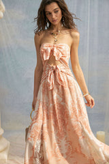 "Bohemian Print Lace Patchwork Knotted Cut Out Strapless Midi Dress"