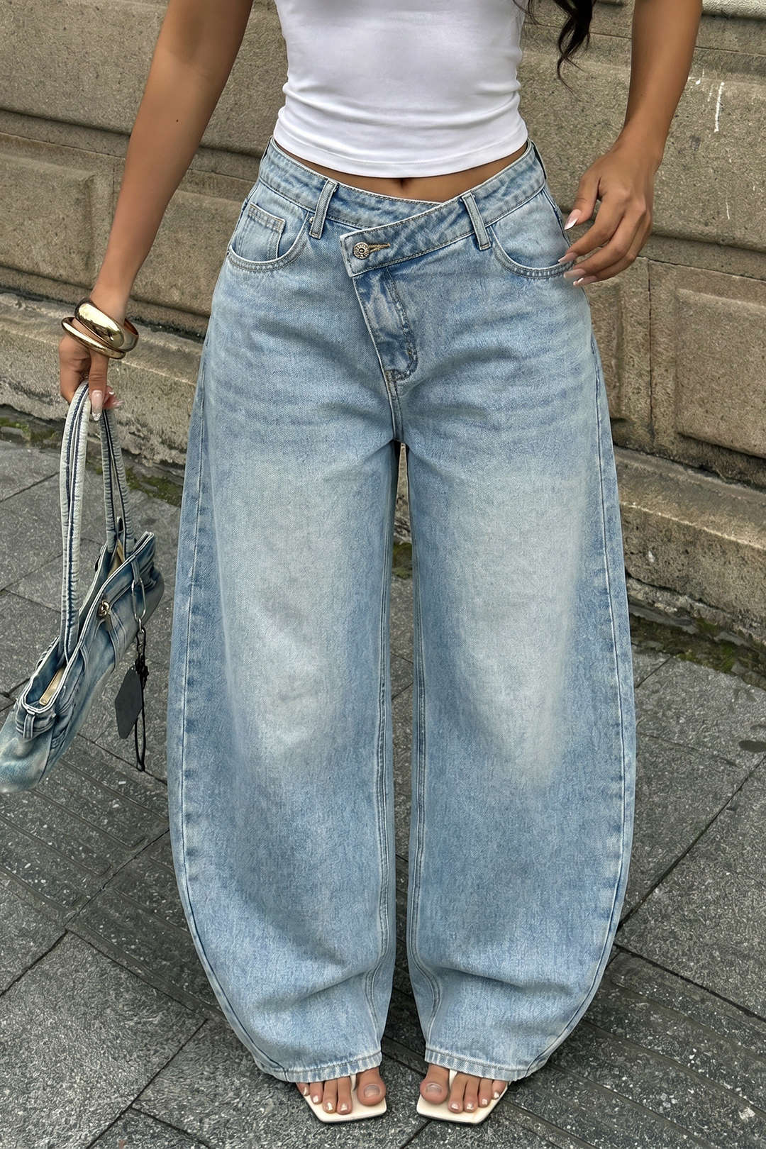 "Denim Asymmetrical Button Barrel Jeans"