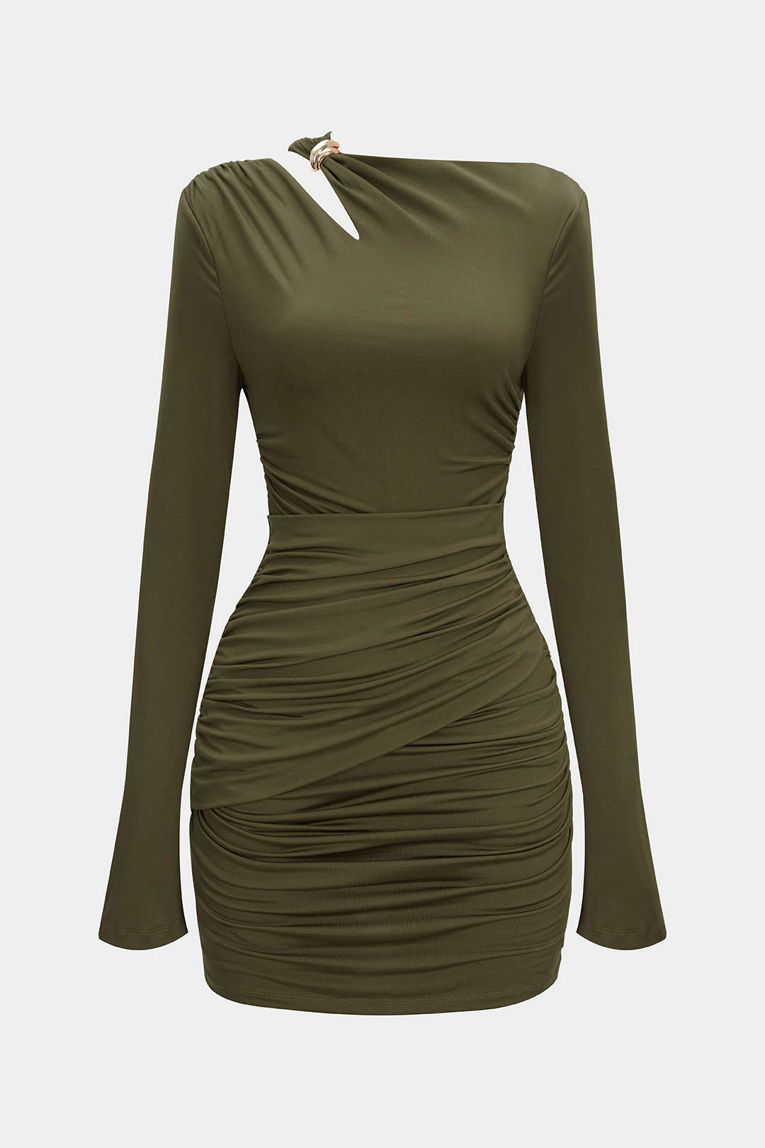 "Asymmetrical Neck Ruched Long Sleeve Mini Dress"
