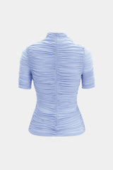 "3D Flower Mock Neck Ruched Zipper Short Sleeve T-shirt"