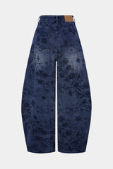 "Denim Floral Print Zipper Barrel Jeans"