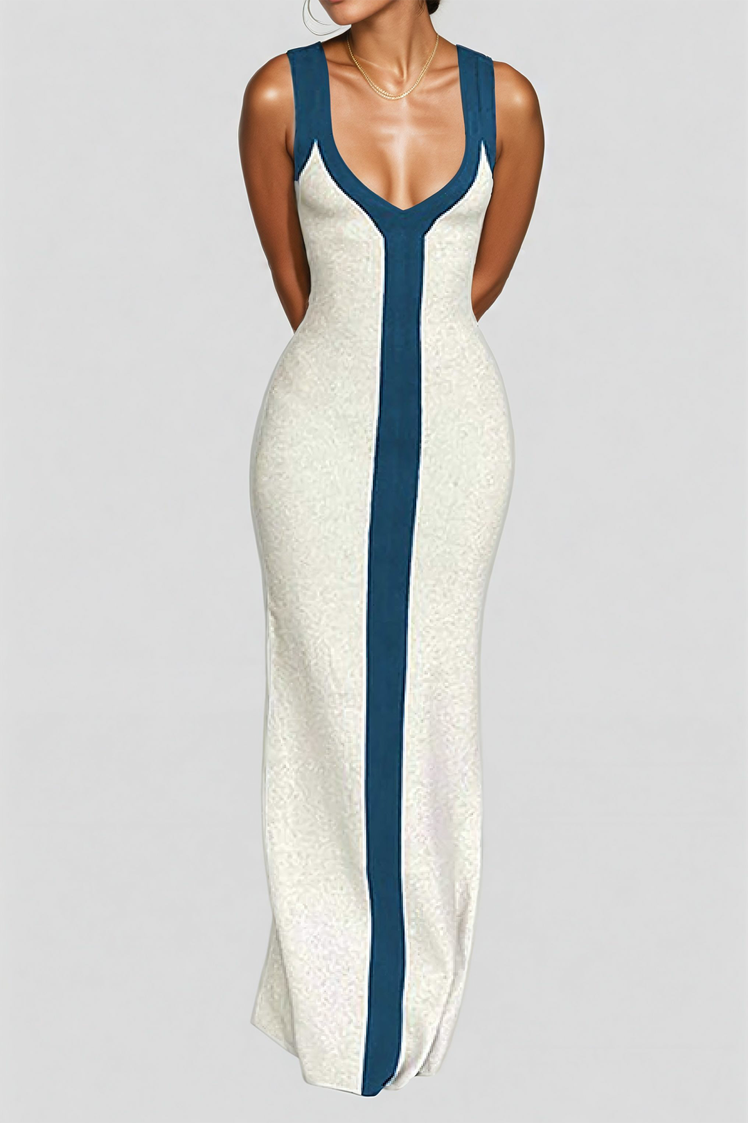 "Colorblock V-neck Ribbed Split Maxi Dress"