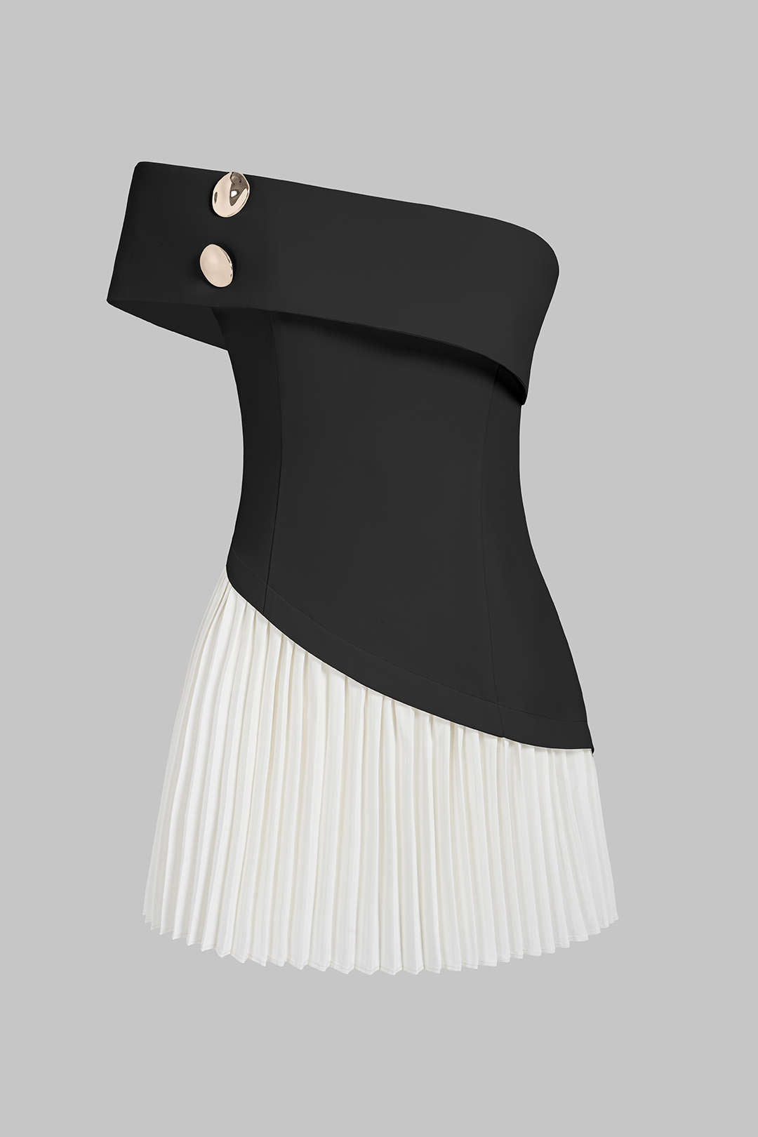 "Contrast Off Shoulder Metallic Asymmetrical Pleated Sleeveless Mini Dress"