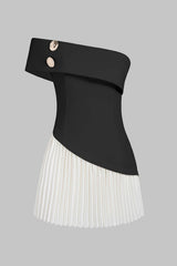 "Contrast Off Shoulder Metallic Asymmetrical Pleated Sleeveless Mini Dress"