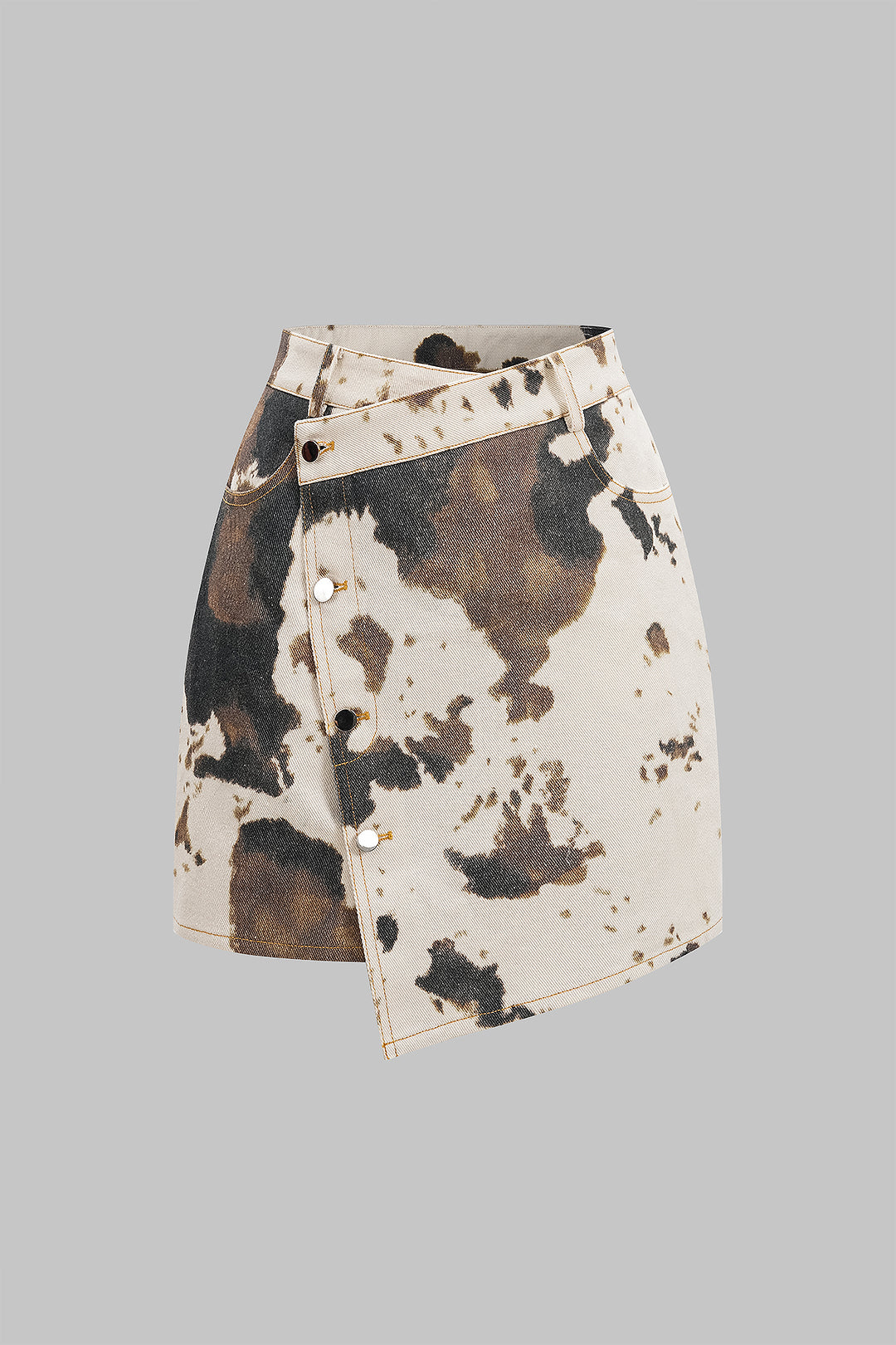 "Denim Abstract Splatter Print Asymmetrical Button High Waist Skirt"