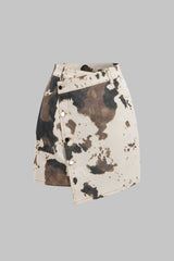 "Denim Abstract Splatter Print Asymmetrical Button High Waist Skirt"