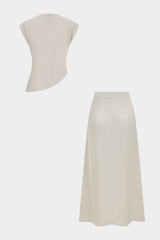 "Asymmetrical Satin Draped Cap Sleeves Top And High Waist A-Line Skirt Set"