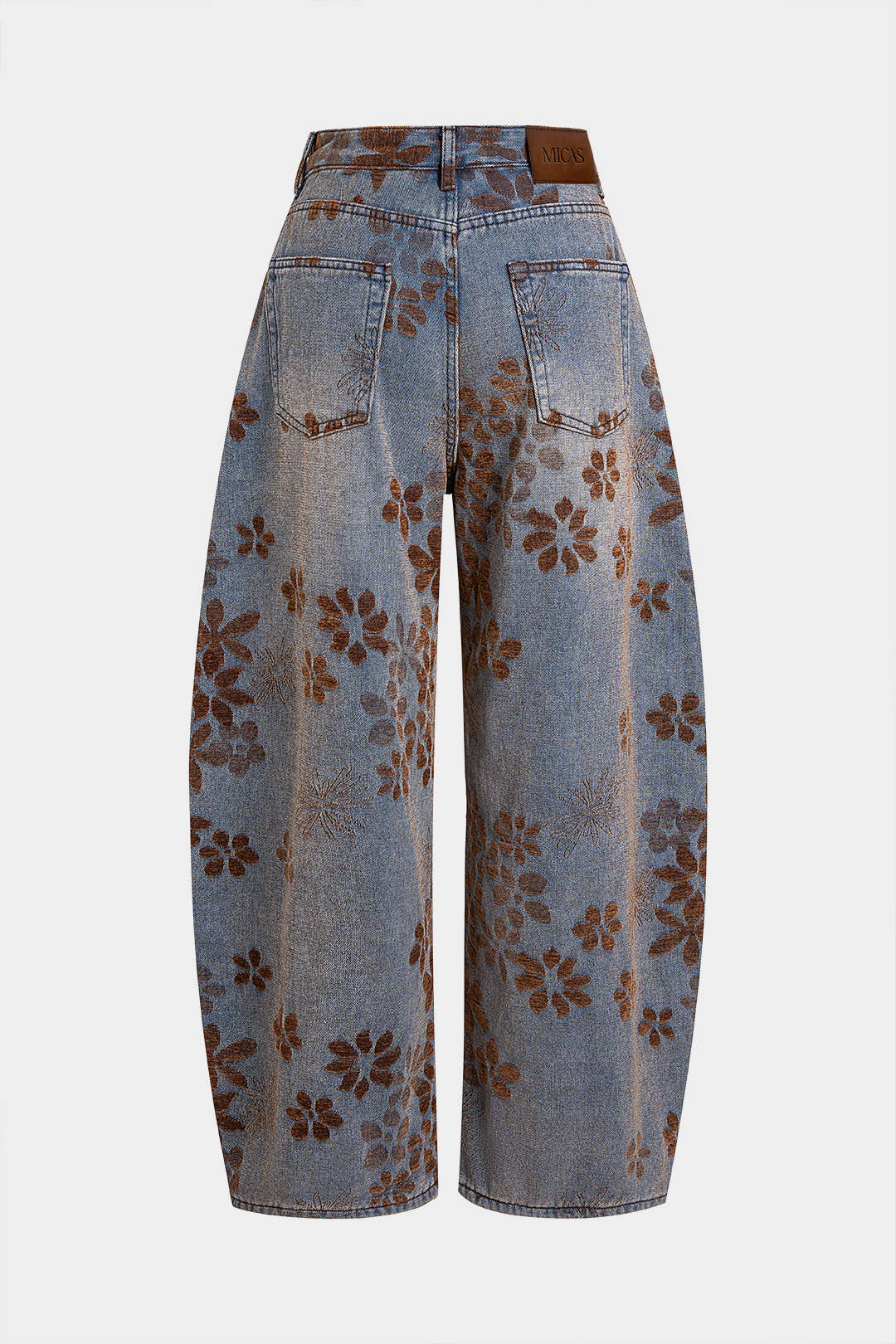 "Denim Floral Print High-Waist Pocket Jeans"