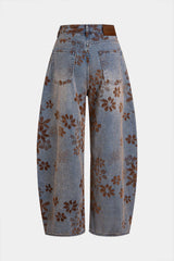 "Denim Floral Print High-Waist Pocket Jeans"