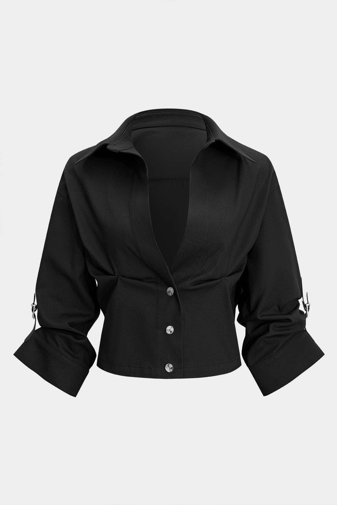 "Button Ruched Short-Sleeve Shirt"