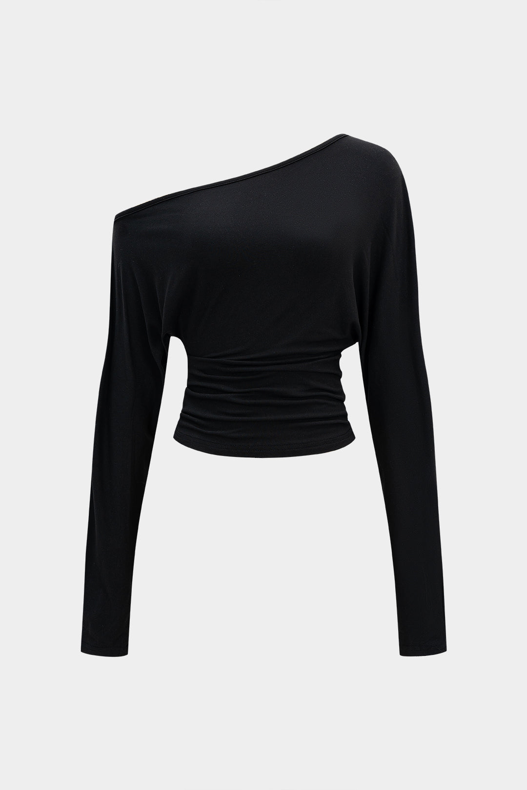 "Cut Out Asymmetrical Neck Ruched Long-Sleeve Top"