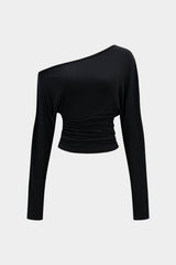 "Cut Out Asymmetrical Neck Ruched Long-Sleeve Top"