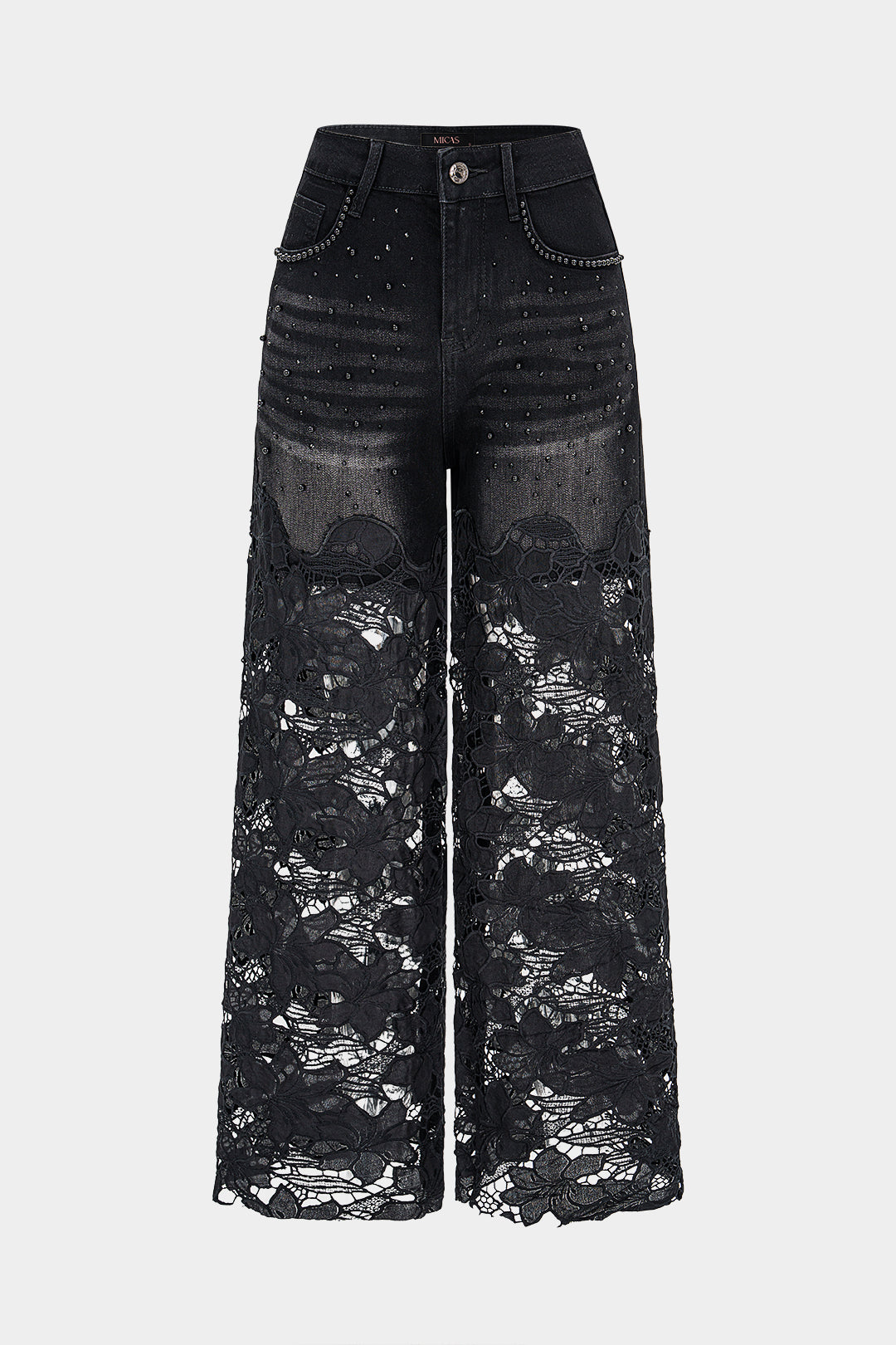 "Denim Floral Hollow Out Rhinestone Decor Jeans"