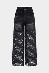 "Denim Floral Hollow Out Rhinestone Decor Jeans"