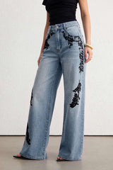 "Denim Lace Print Pocket Straight Leg Jeans"