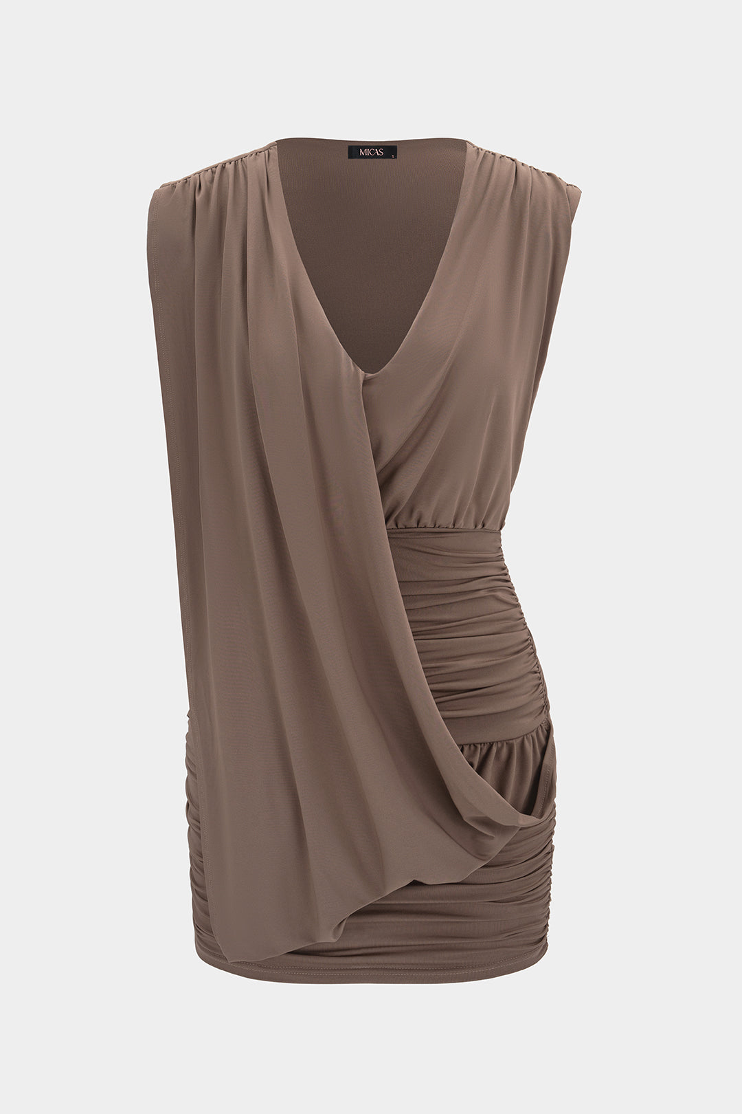 "Asymmetrical Ruched Deep V-Neck Sleeveless Mini Dress"
