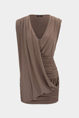"Asymmetrical Ruched Deep V-Neck Sleeveless Mini Dress"