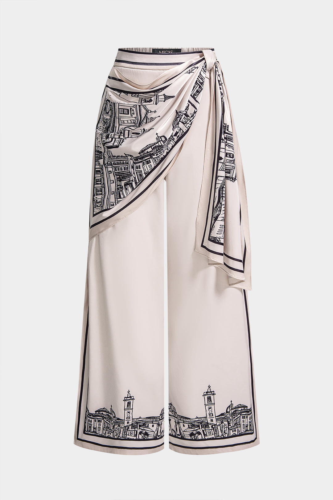 "Artistic Print Satin Ruched Asymmetrical Wide Leg Pants"