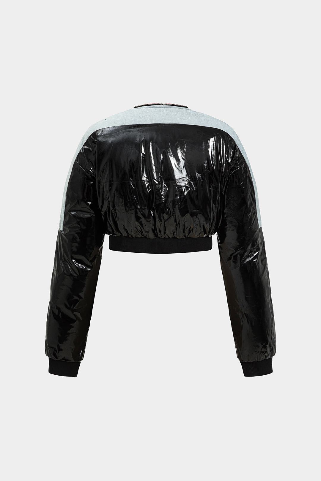 "Denim Faux Leather Ruched Zipper Patchwork Padded Long Sleeve Jacket"