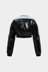 "Denim Faux Leather Ruched Zipper Patchwork Padded Long Sleeve Jacket"