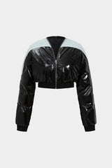"Denim Faux Leather Ruched Zipper Patchwork Padded Long Sleeve Jacket"