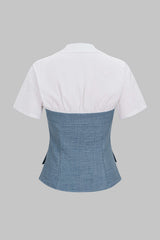 "Contrast Irregular Button Lapel Short Sleeve Top"