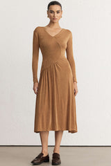 "Asymmetrical Neck Long Sleeve Midi Dress"