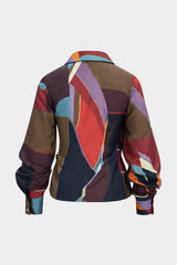 "Contrast Geometric Print Button Ruched Long-Sleeve Shirt"
