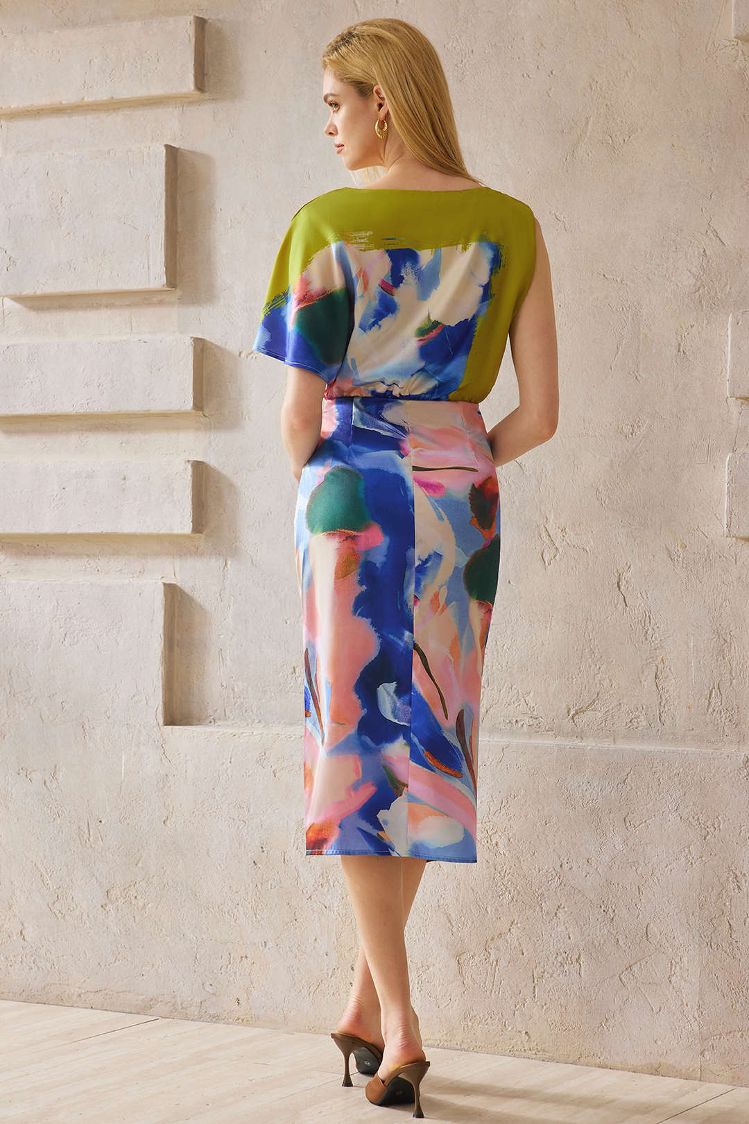 "Abstract Print Satin Asymmetrical Short-Sleeve Maxi Dress"