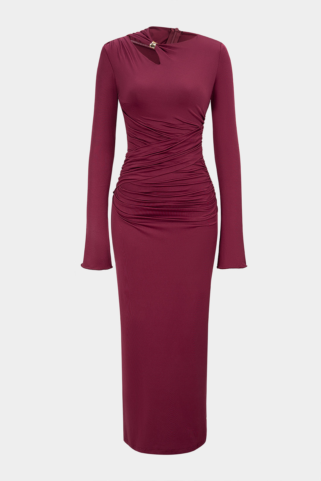 "Asymmetrical Cut Out Ruched Long Sleeve Maxi Dress"
