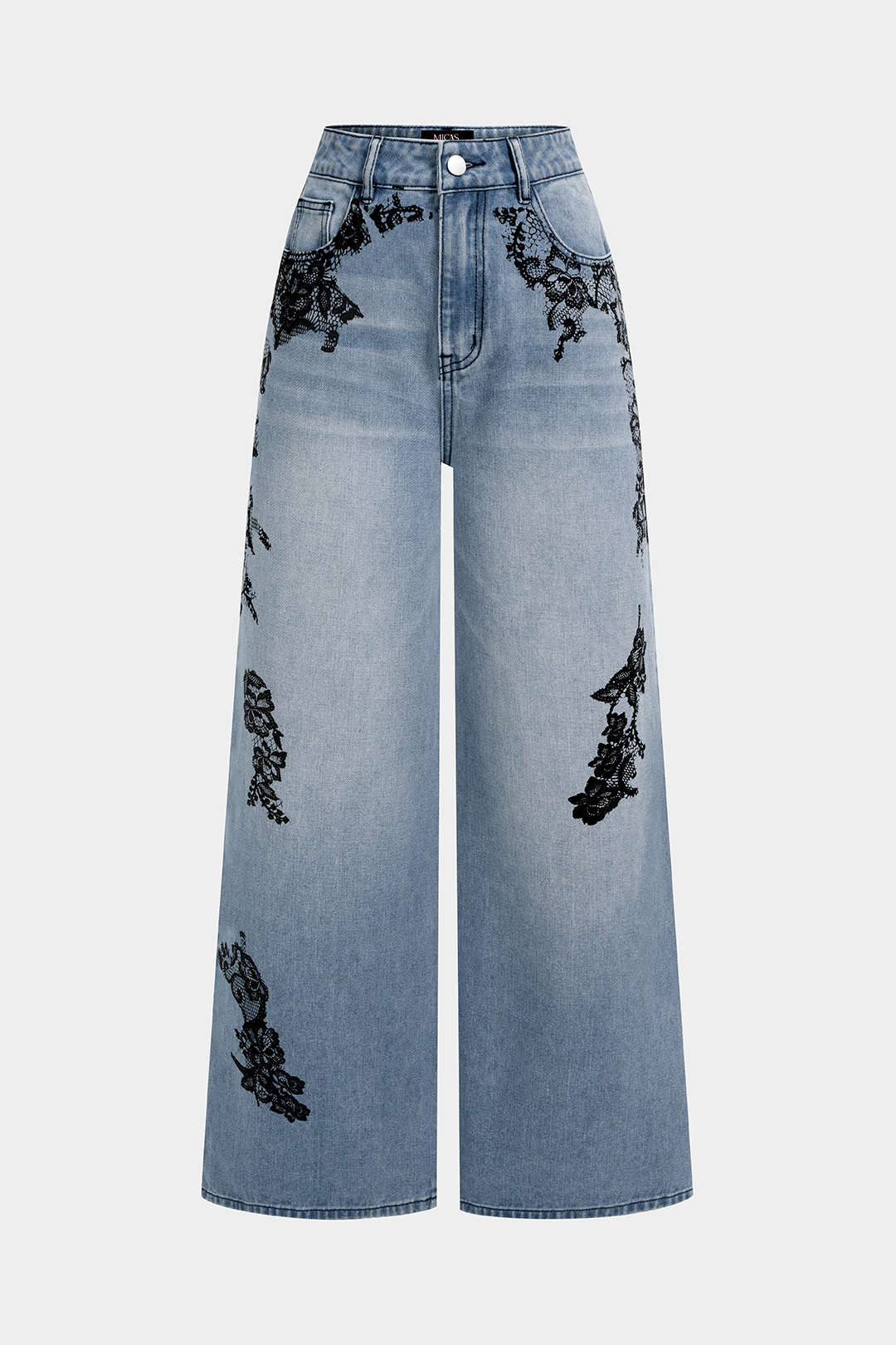 "Denim Lace Print Pocket Straight Leg Jeans"