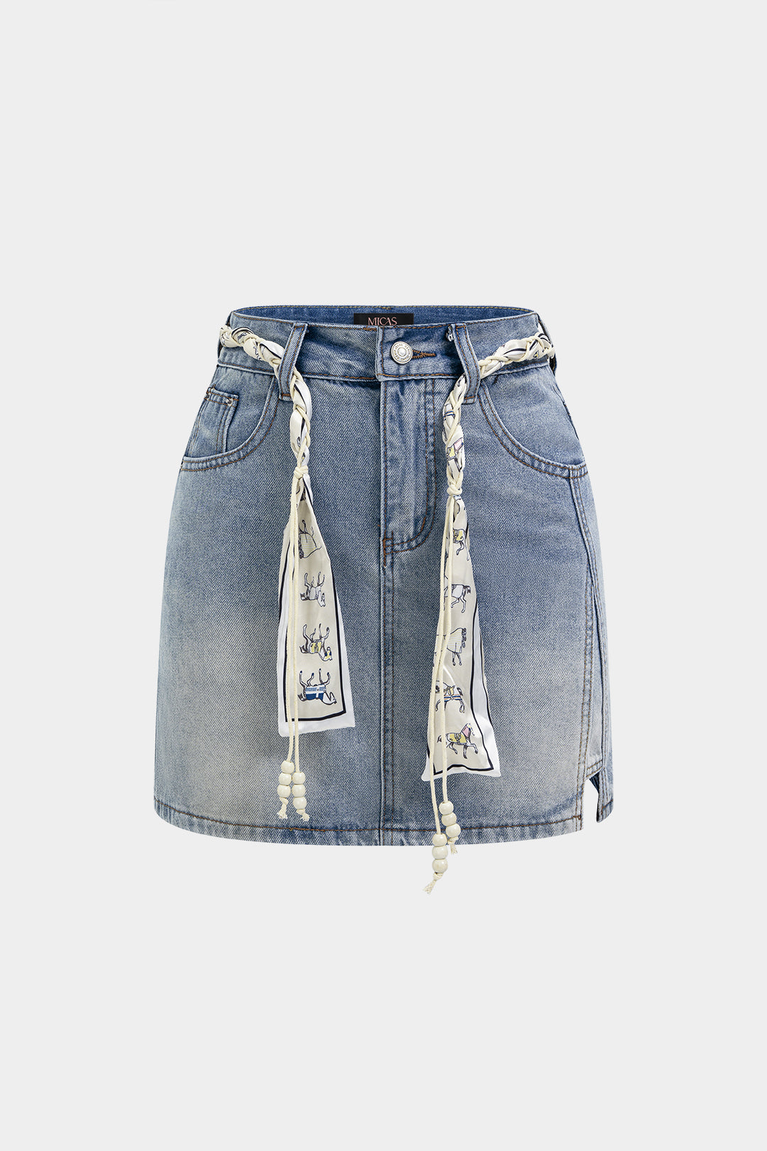 "Denim Belted Beaded Skirt"