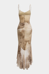 "Abstract Print Asymmetrical Ruched Ruffle Hem Slip Sleeveless Maxi Dress"
