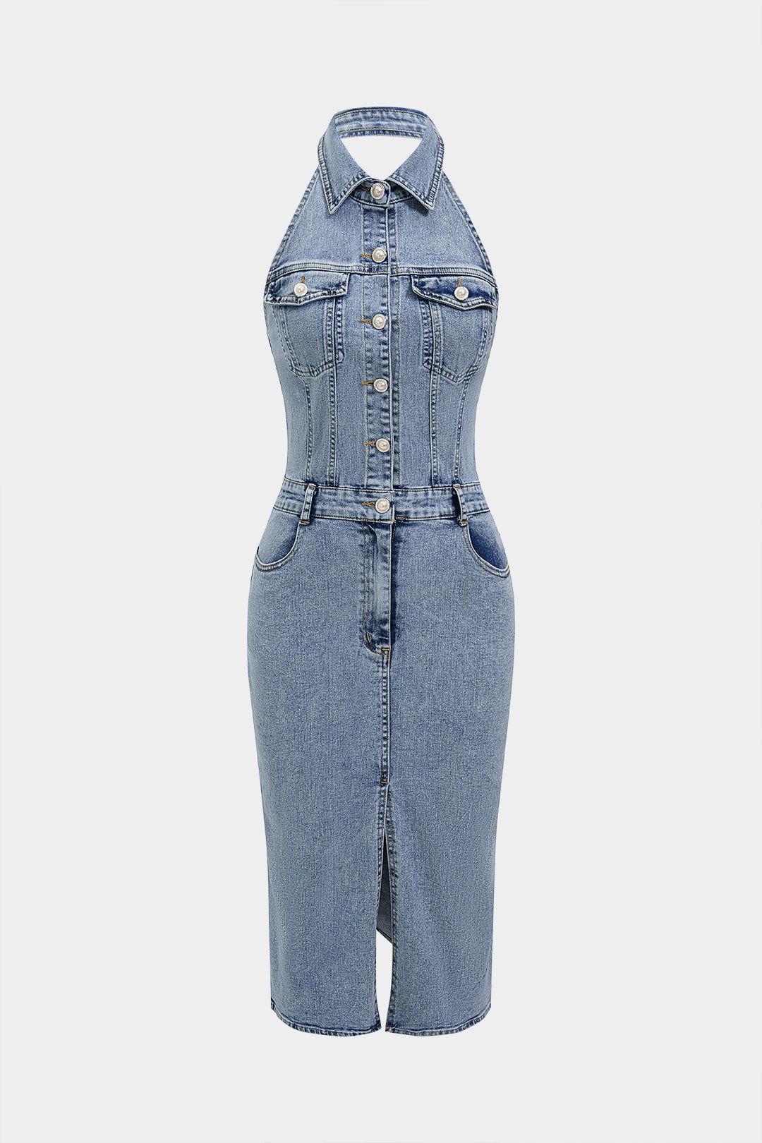 "Denim Button Halter Neck Backless Sleeveless Midi Dress"