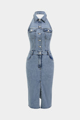 "Denim Button Halter Neck Backless Sleeveless Midi Dress"