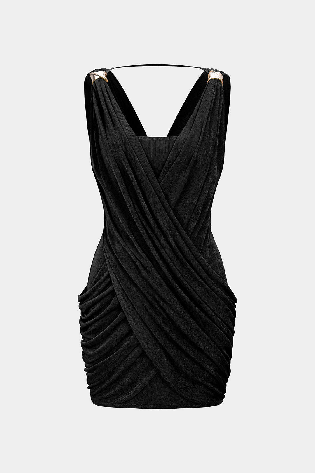 "Crossed V-Neck Ruched Metallic Decor Sleeveless Mini Dress"