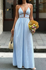 "Contrast Stripes Print V-Neck Halter Neck Sleeveless Maxi Dress"