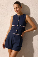 "Contrast Pocket Round Neck Metallic Button Tank Top"