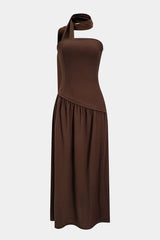 "Contrast Satin Ruched Slit Strapless Maxi Dress"