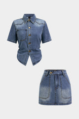"Denim Button Pocket Short Sleeve Shirt And Skirt Set"
