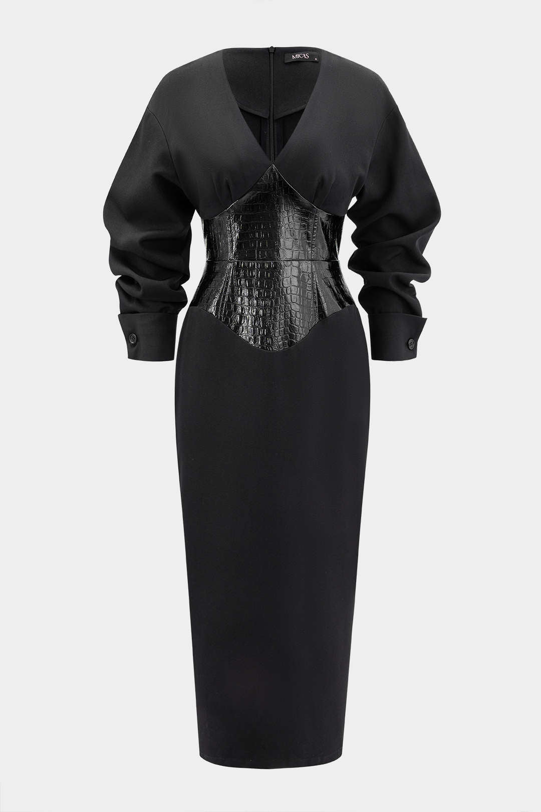 "Crocodile Print Faux Leather Patchwork Long Sleeve Maxi Dress"