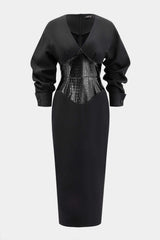 "Crocodile Print Faux Leather Patchwork Long Sleeve Maxi Dress"
