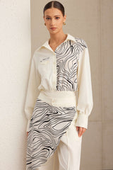 "Abstract Print Patchwork Button Pocket Long Sleeve Bodysuit"