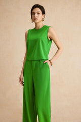 "Basic Solid Sleeveless Top And Straight Leg Pants Set"